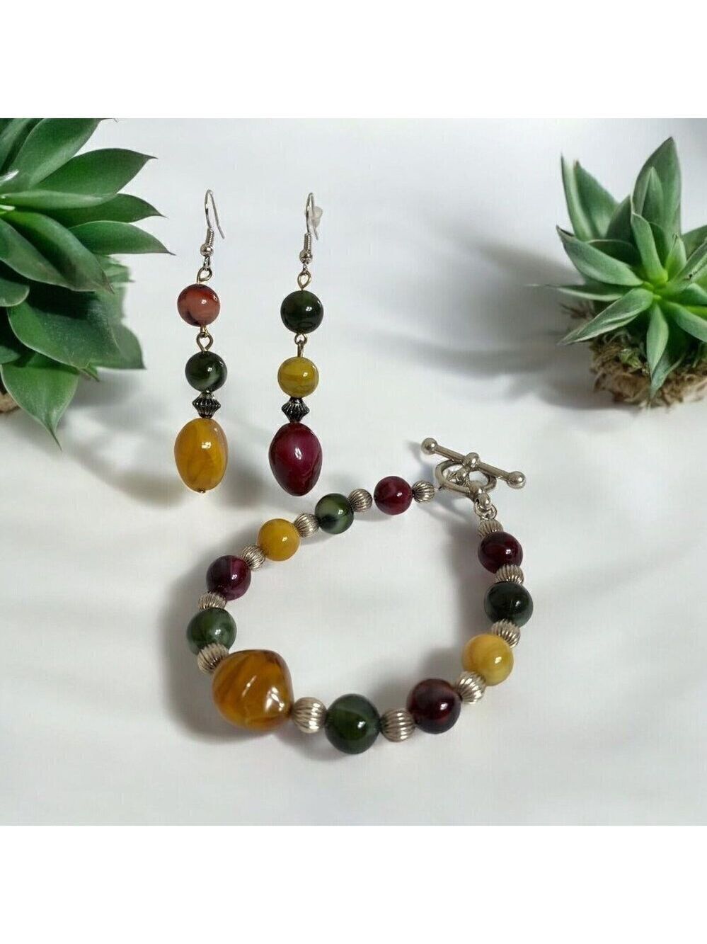 Glass Bead Boho Bracelet and Dangle Earrings Set